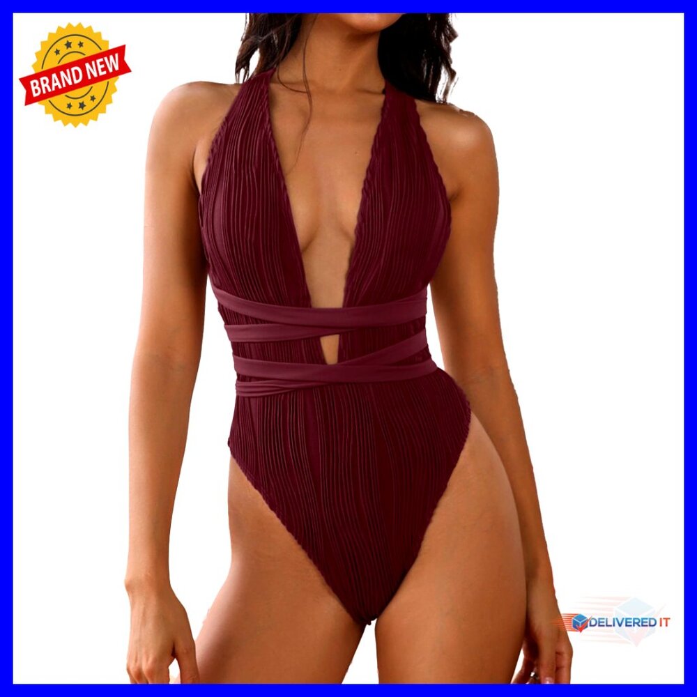 Deep V Neck One Piece Swimsuit High Cut Crisscross Back Self Tie Ribbed